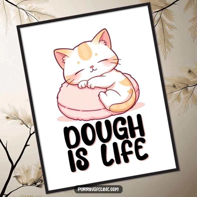 Funny poster art of a cat gently kneading a cushion, capturing the peaceful and happy ritual of biscuit-making.