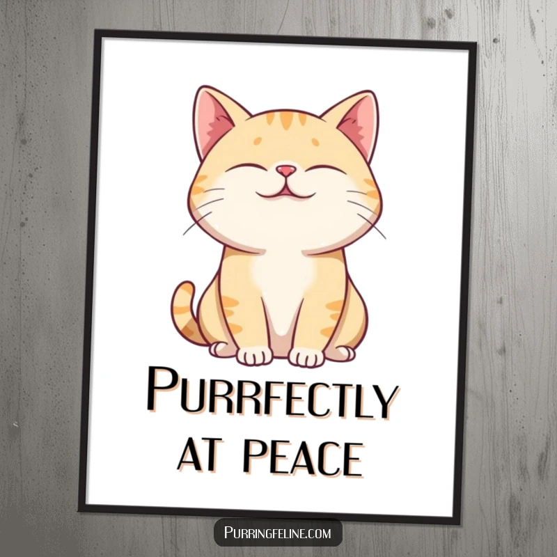 Funny Poster of a purring cat with slightly closed eyes and a relaxed posture, exuding an aura of humorous tranquility.