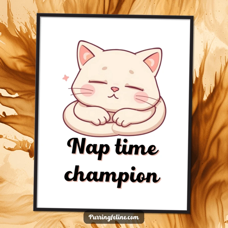 Funny Poster of a sleeping cat, with visual cues indicating soft purring, perfect for a humorous, peaceful vibe.
