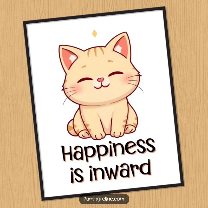 Funny serene cat poster artwork of a cat with a soft smile, surrounded by a visible hum of happiness, promoting a tranquil environment.