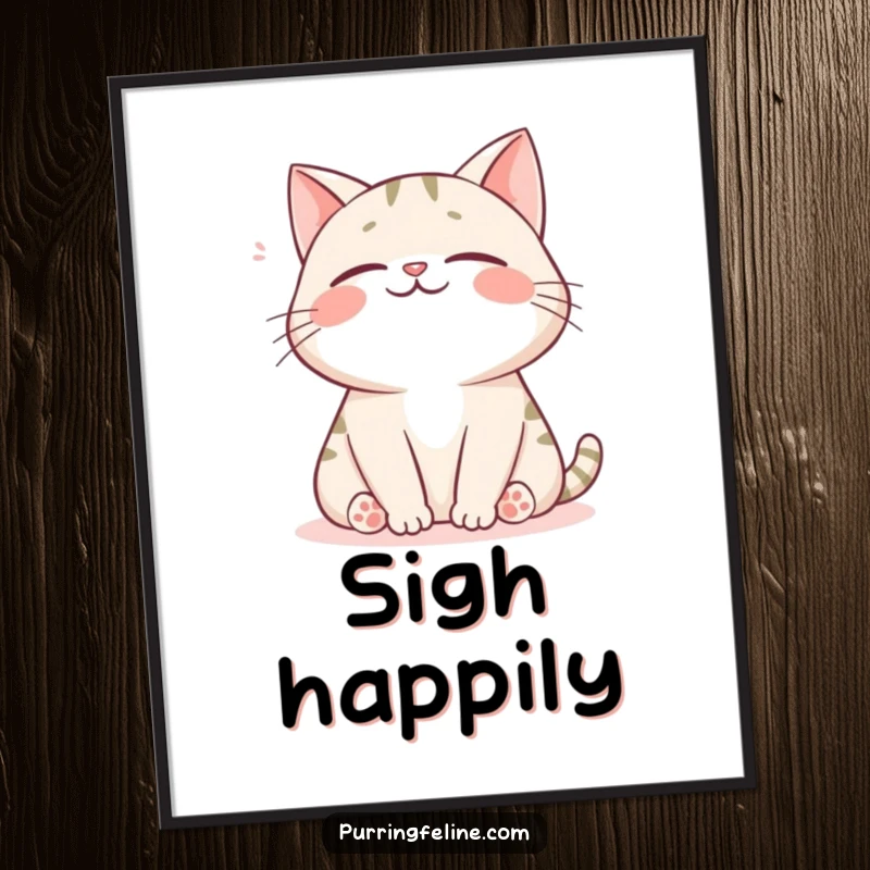 Funny cat poster showcasing a happy cat gently sighing, conveying a feeling of absolute comfort and peaceful bliss.