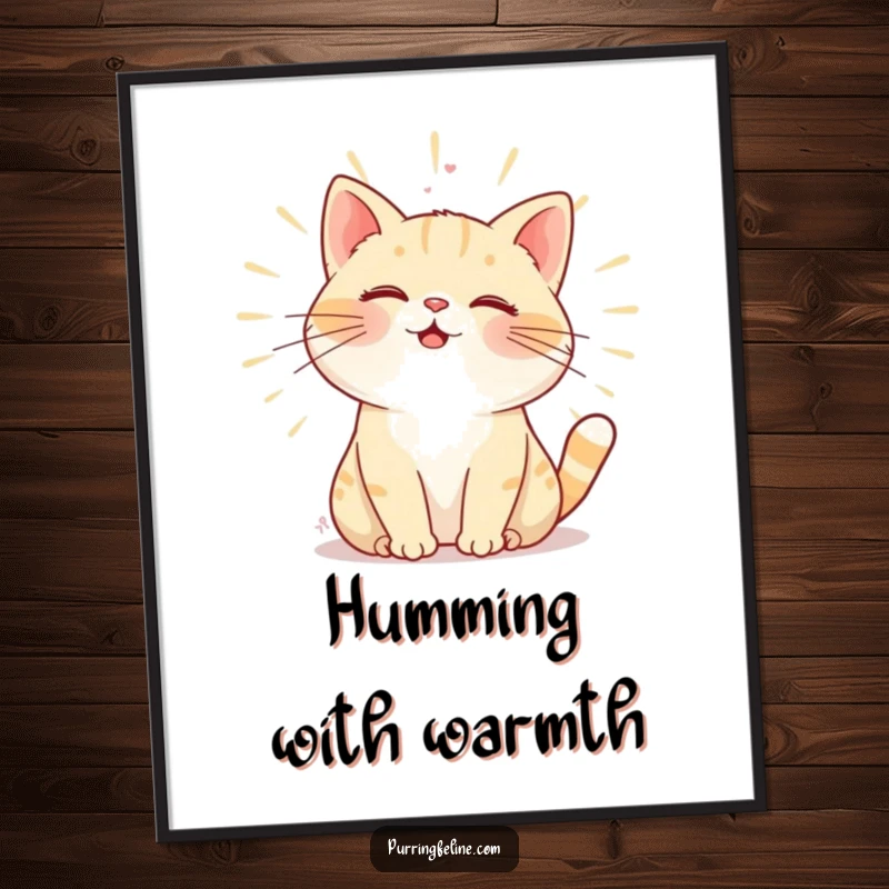 Funny Poster: A purring cat radiating warmth through its gentle hum, symbolizing comfort and loving energy.