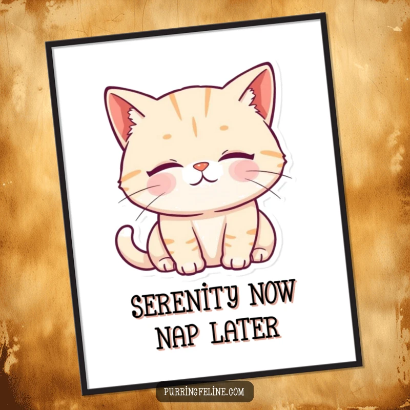 Funny Poster showcasing a purring cat with a serene expression and incredibly soft, gentle eyes.