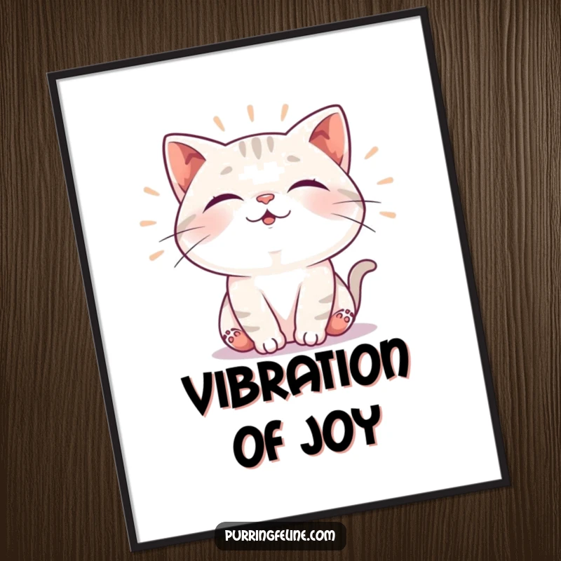 Funny poster showing a cat emitting soft, rhythmic vibrations of contentment, a peaceful and heartwarming piece of art, a great housewarming gift.