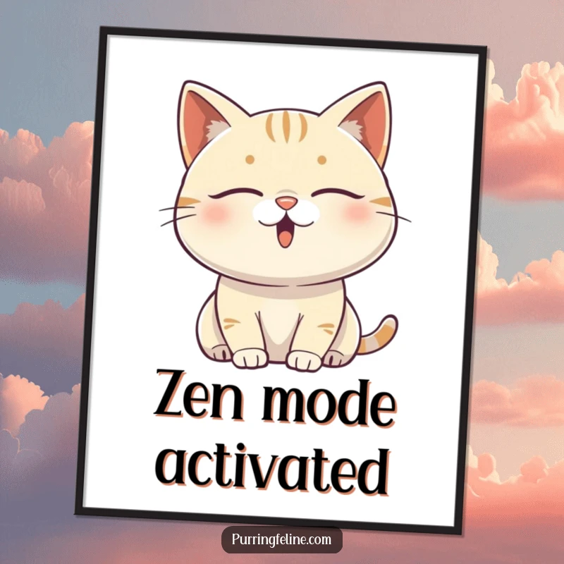 Funny content cat poster showing a serene cat with closed eyes, vibrating with subtle, peaceful, and happy energy.