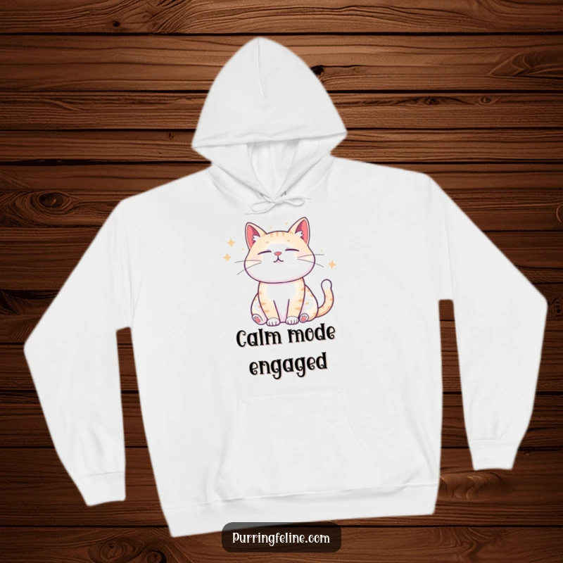 Funny Hoodie with a zen cat radiating soothing sound waves, creating an atmosphere of funny tranquility.