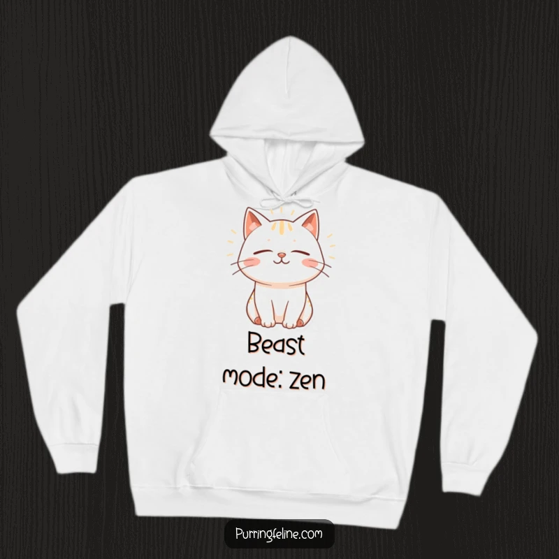 Funny Hoodie print of a cat with eyes closed in bliss, emitting gentle purring vibrations, a symbol of ultimate cozy happiness.
