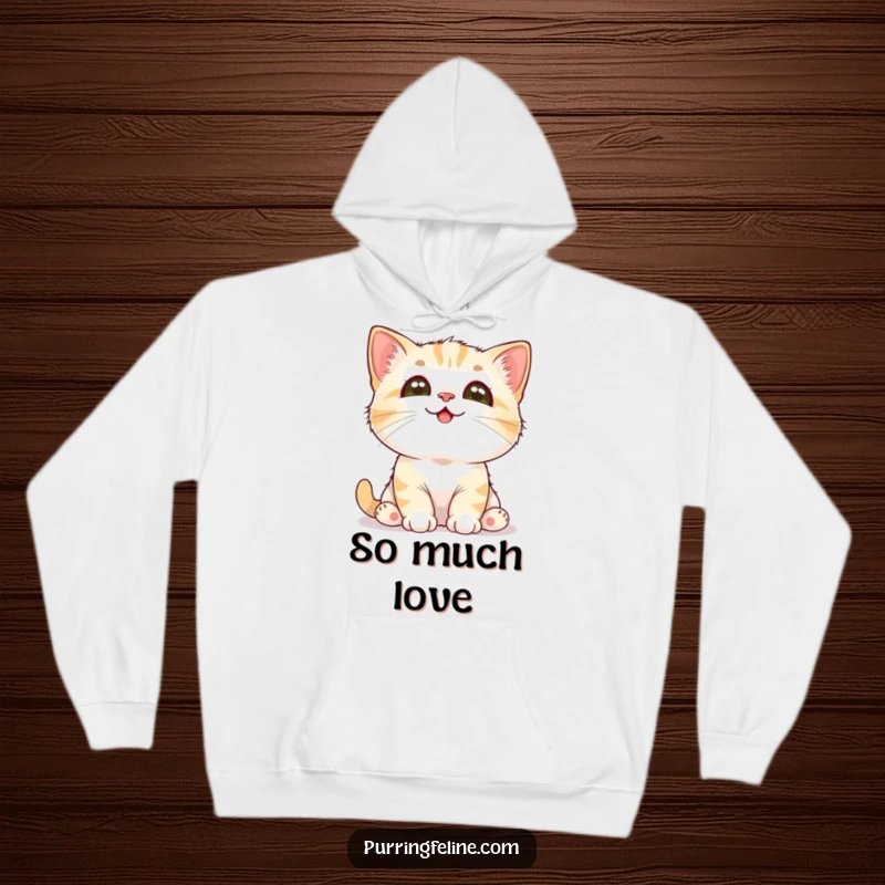 Funny Cat Hoodie: A fluffy cat cub looks up with adoring eyes, embodying cuteness and expressing deep affection.