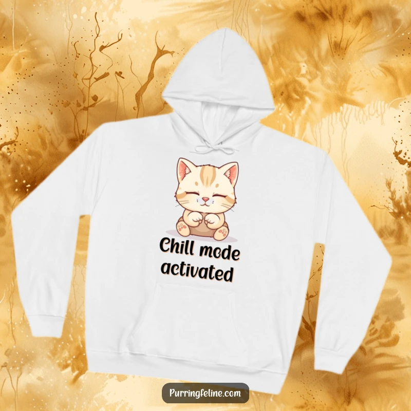 Funny Cat Hoodie: A calm cat cub sits elegantly with its paws tucked neatly, radiating peacefulness and quiet poise.