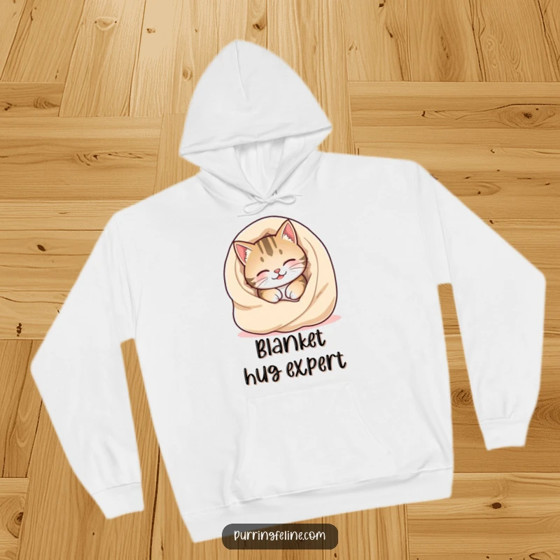 Funny Cozy Cat Hoodie showing a happy cat burrowing into a warm, soft blanket, radiating ultimate comfort and peace.