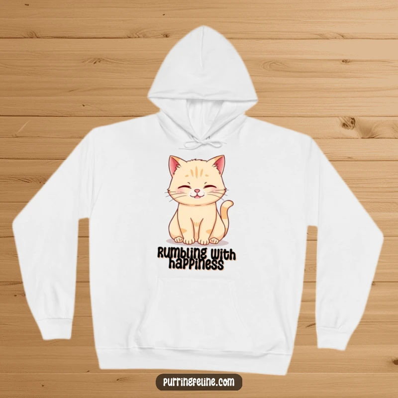 Funny rumbling cat hoodie depicting a content cat in a relaxed posture, softly rumbling with peaceful vibes.