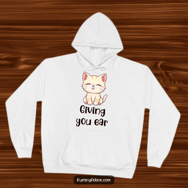 Funny Cat Hoodie: A serene cat cub with attentive ears listens intently, radiating wisdom and calm focus.