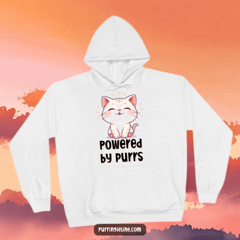 Funny hoodie with a cat emitting soft, rhythmic vibrations of contentment, radiating peace and happiness, a perfect warm and humorous gift.