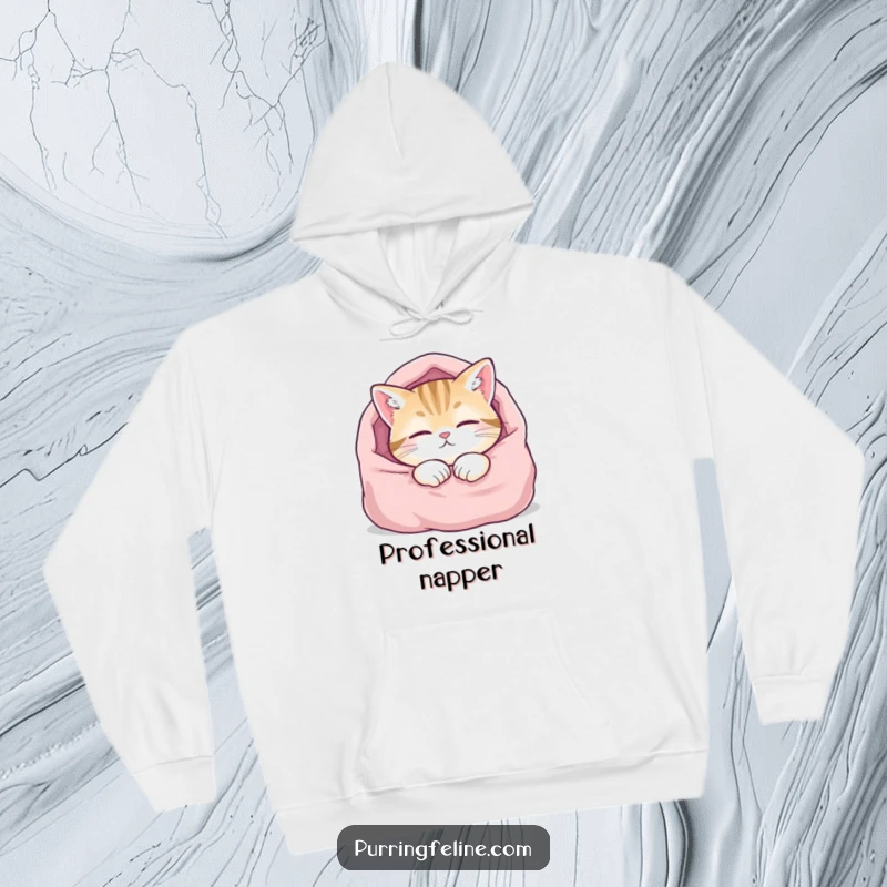 Funny hoodie depicting a content cat snuggled in a soft blanket, eyes closed, radiating cozy warmth and sleepy contentment.