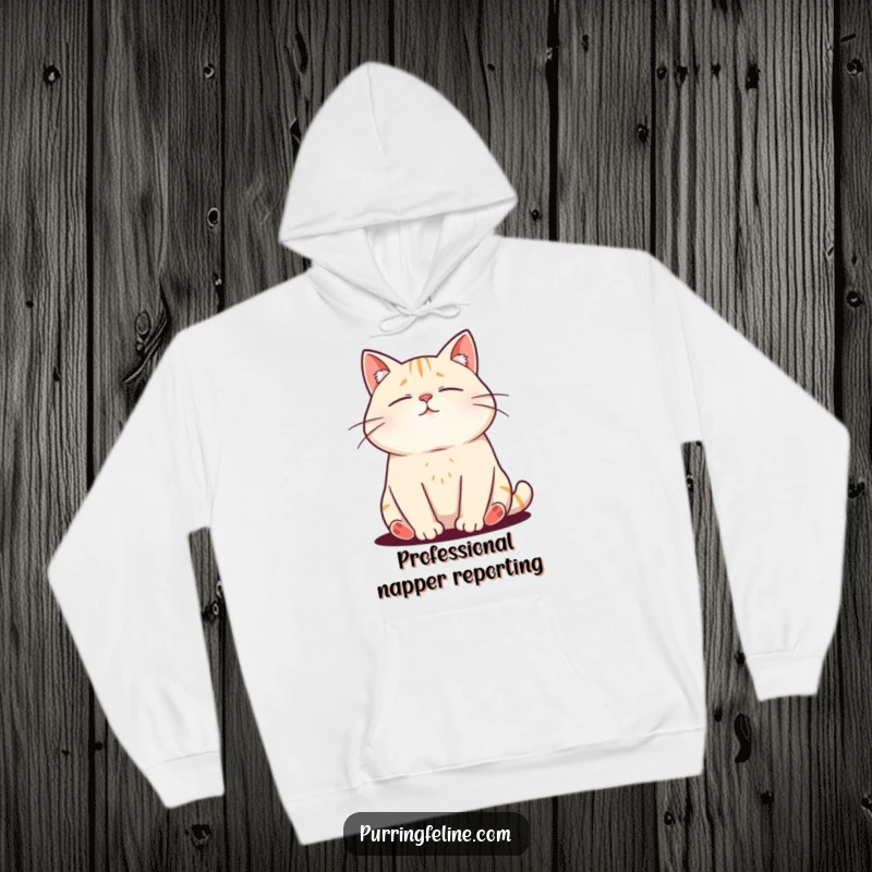 Funny hoodie with a relaxed cat emitting purr vibrations, symbolizing ultimate comfort and peaceful, happy vibes.
