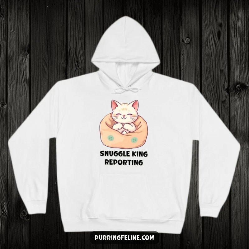 Funny Hoodie print of a cat nestled in a cozy blanket, its body vibrating harmoniously, signifying ultimate relaxation and peace.