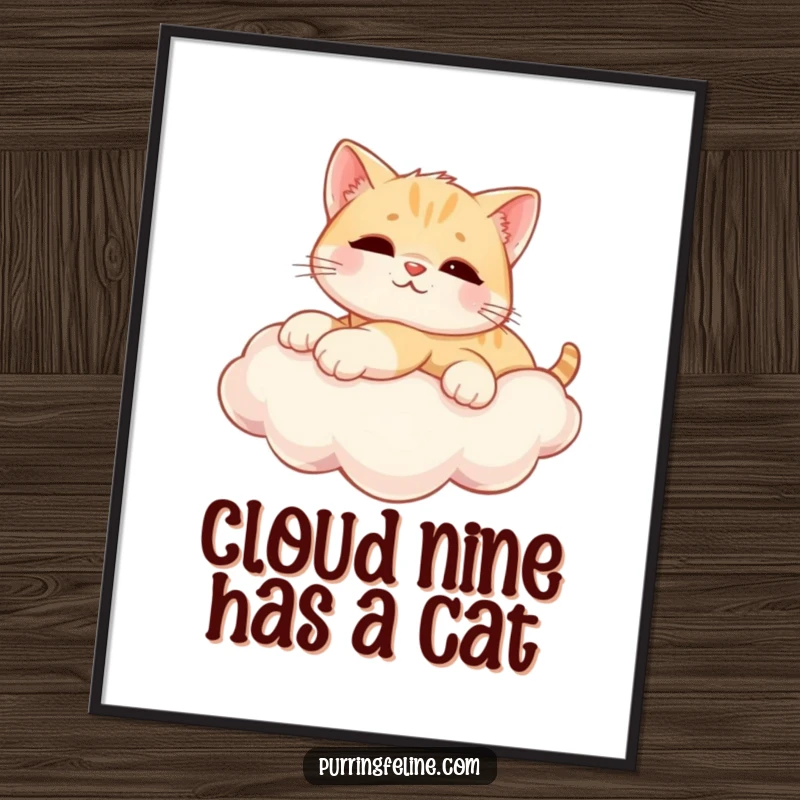 Free printable wall art depicting a completely relaxed cat cub lounging peacefully on a bright, sunny cloud.