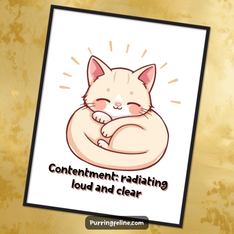 Funny Free Printable Wall Art: A cat peacefully curled up, with soft, happy waves of contentment radiating outwards.