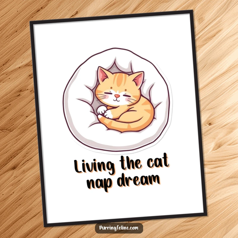 Free printable wall art depicting a cute, contented cat curled up fast asleep in a soft, inviting cozy bed.