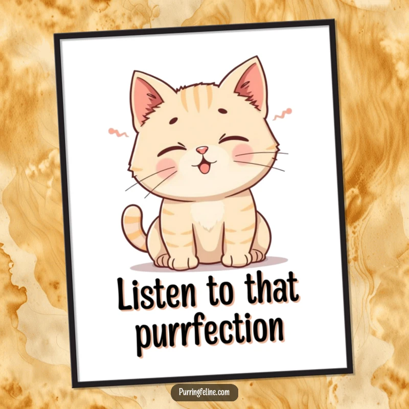 Funny Free Printable Wall Art: Cat emitting a gentle rumble, ears perked, with a cozy vibe. Downloadable humorous cat decor art.