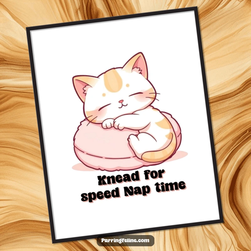 Funny Free Printable Wall Art of a relaxed cat blissfully kneading a fluffy cushion, exuding pure contentment and coziness.