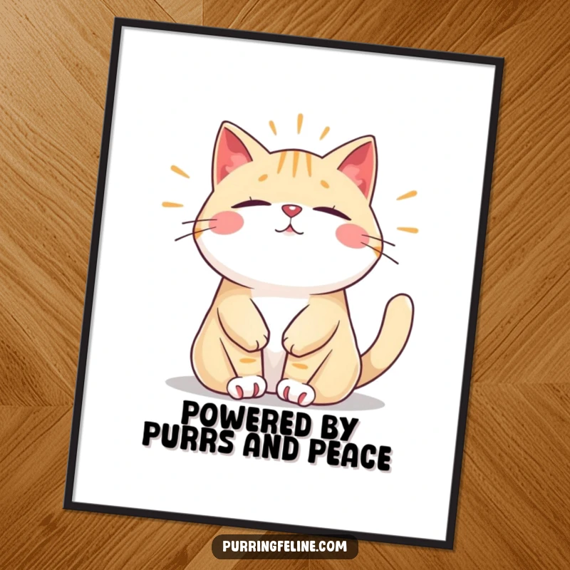Funny Free Printable Wall Art: A cat radiating peaceful energy with a soft, steady humming sound, serene decor.