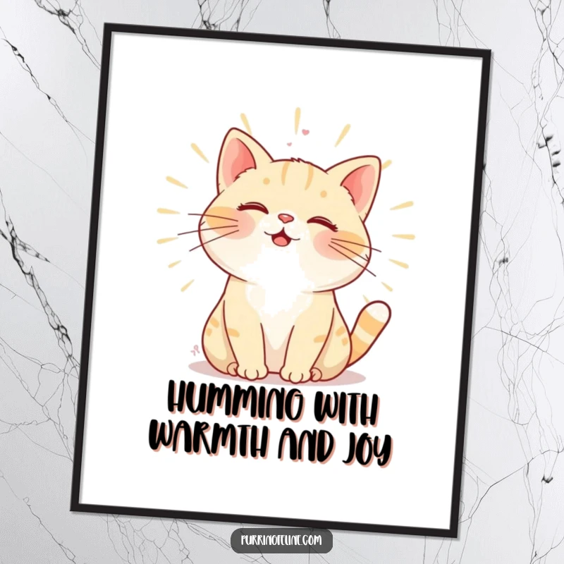 Funny Free Printable Wall Art: A purring cat radiating warmth through its gentle hum, creating a humorous and cozy atmosphere.