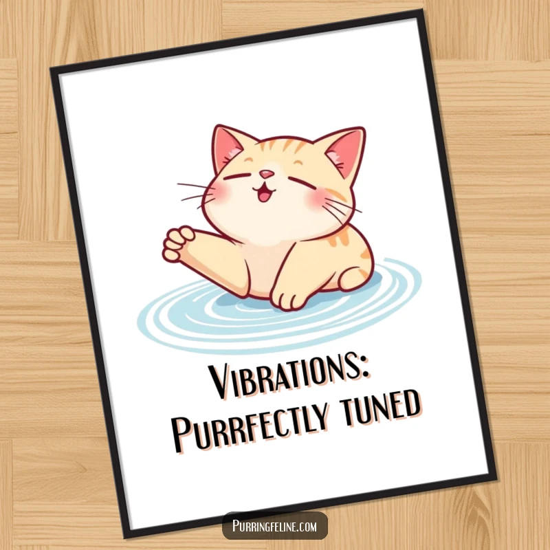 Funny Free Printable Wall Art: A cat in a full stretch, eyes closed contentedly, with distinct ripple effects showing its purrs.