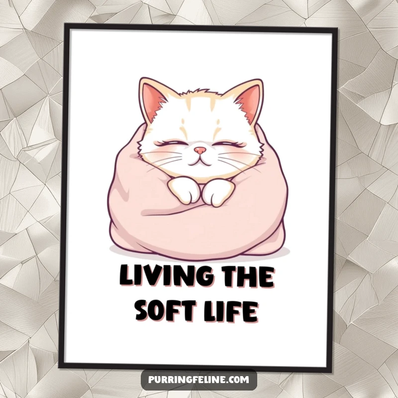 Funny Free Printable Wall Art: A deeply content cat is nestled warmly in a soft blanket, purring audibly. Downloadable comfort art.