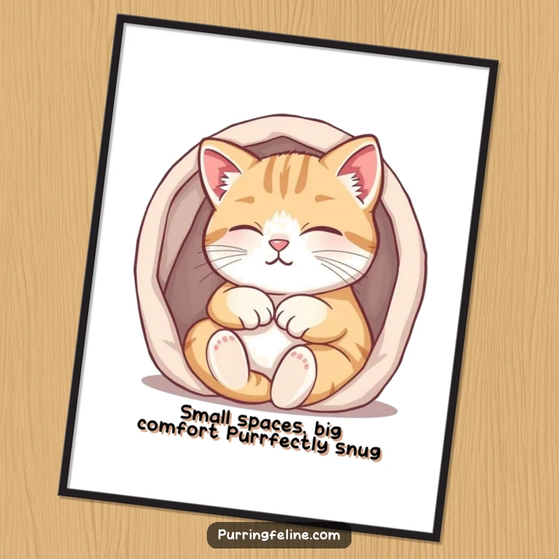 Funny Free Printable Wall Art: A purring cat happily tucked into a small, warm space, radiating comfort and joy.