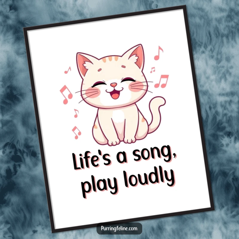 Funny Free Printable Wall Art of a happy cat vibrating with joy, surrounded by musical notes, creating a lively scene.