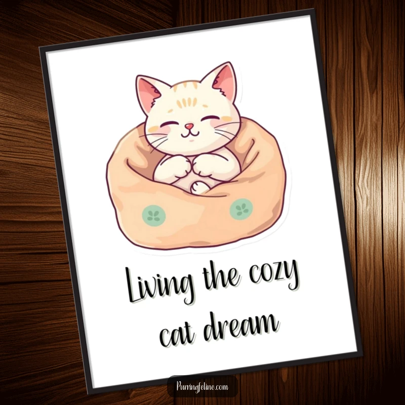Funny Free Printable Wall Art: A happy cat nestled deeply in a cozy blanket, its entire body vibrating harmoniously with pure bliss.