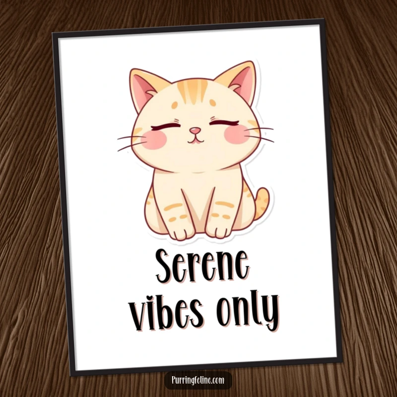 Funny Free Printable Wall Art: A serene cat with closed eyes, soft wavy lines symbolizing deep contentment and peace. Downloadable zen.