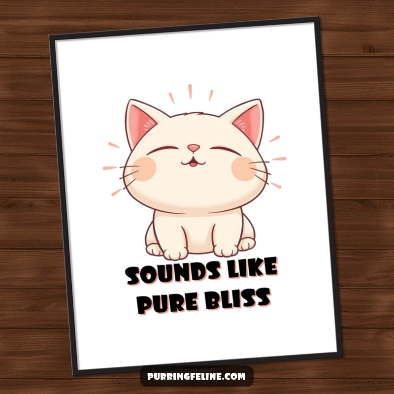 Funny Free Printable Wall Art: A content cat with closed eyes emitting calming sound waves, promoting peace.