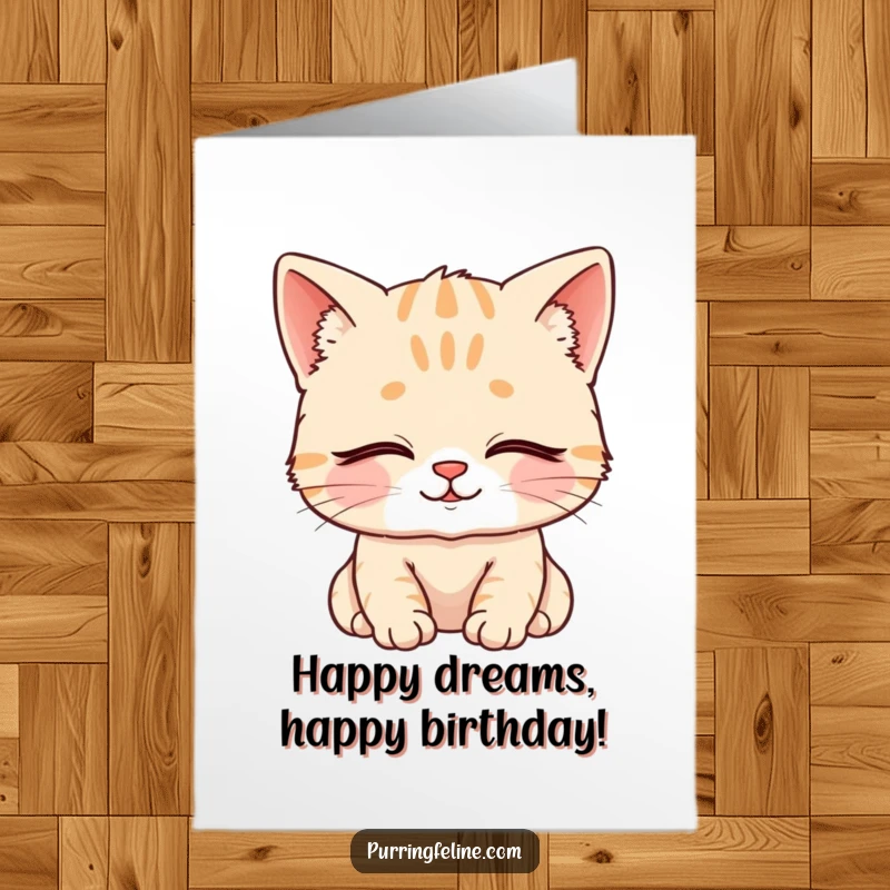 Free printable birthday card featuring a content cat cub with closed eyes and a gentle, serene smile.