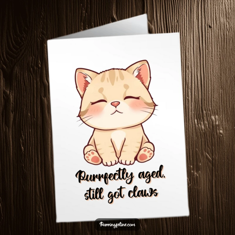 Funny Free Printable Birthday Card: Contented cat cub purring softly, radiating calm. A downloadable gift for cat lovers.