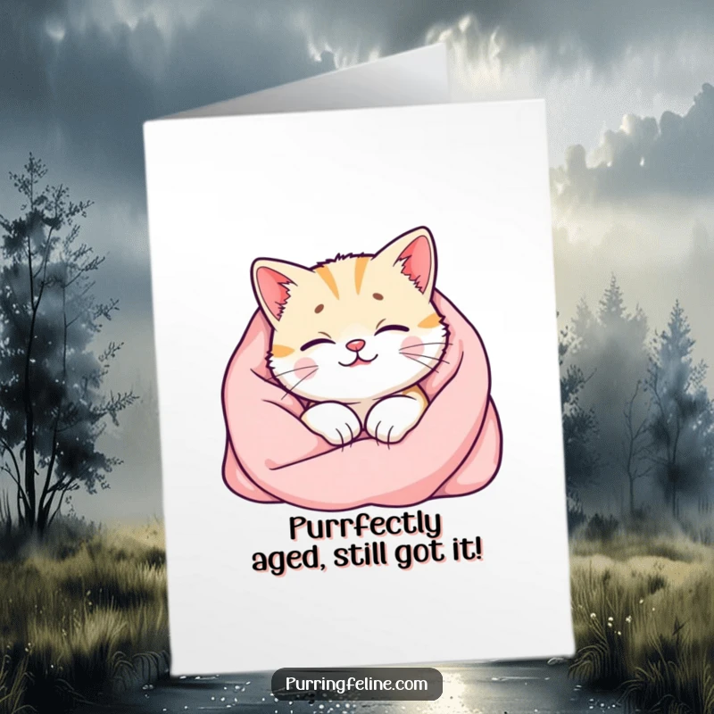 Funny Free Printable Birthday Card: Happy cat glowing with purrs, nestled in a cozy blanket, ready to wish you a happy birthday.