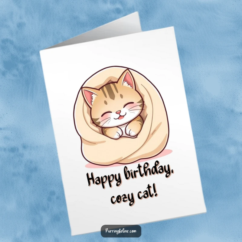 Funny Free Printable Birthday Card: Cat happily burrowing into a warm, soft blanket, radiating ultimate comfort.