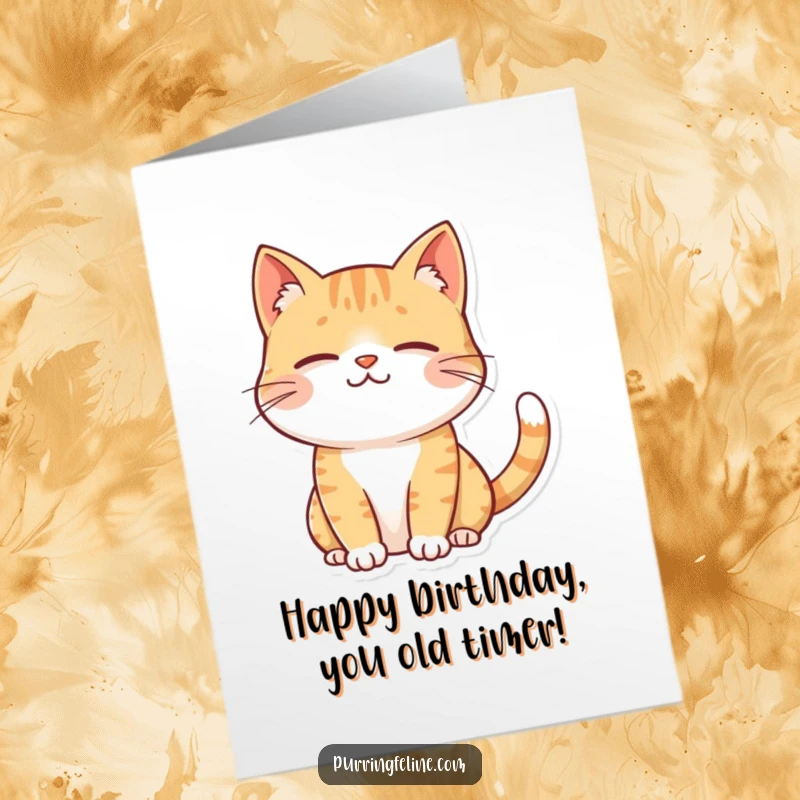 Funny Free Printable Birthday Card: A contented cat with a gentle smile and a softly twitching tail, radiating happiness.