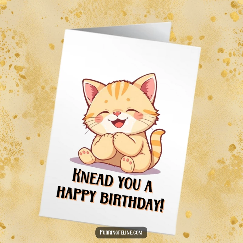 Funny Free Printable Birthday Card: A joyful cat cub happily kneading a fluffy surface.