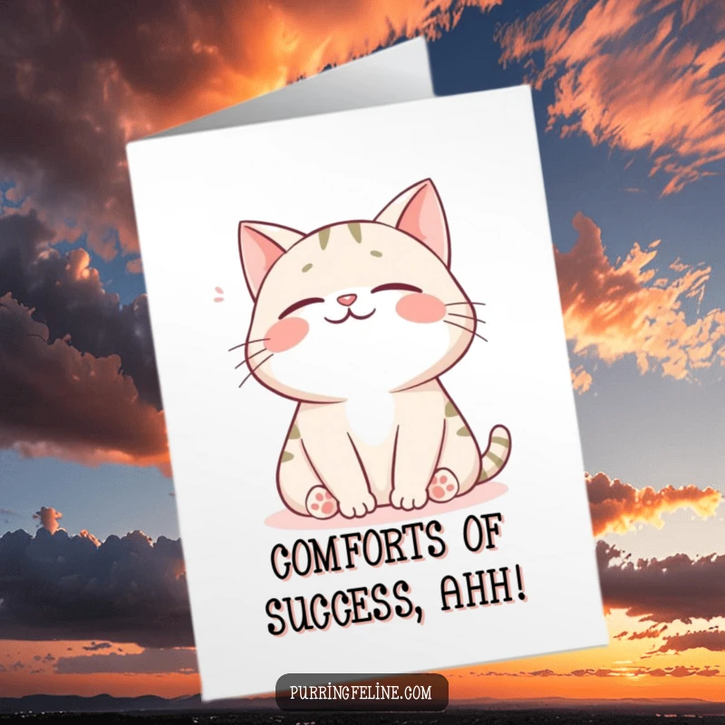 Free printable congratulations card featuring a happy cat exhaling a contented sigh, embracing comfort and relaxation.