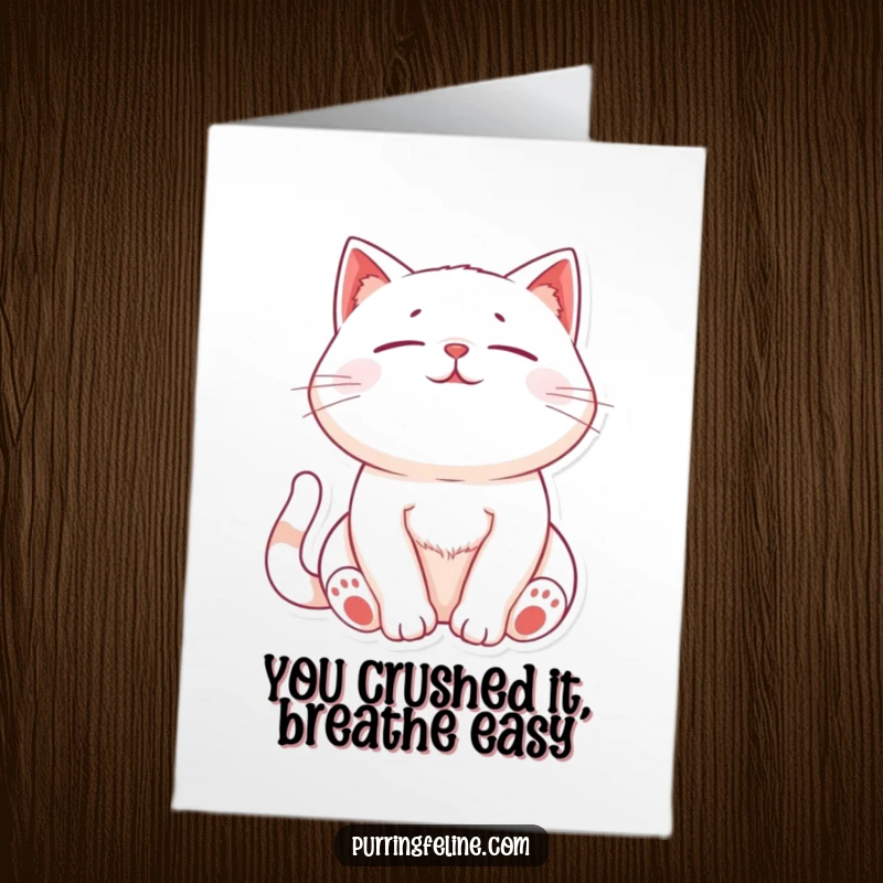 Funny Free Printable Congratulations Card: Relaxed cat with chest rising and falling with purrs, celebrating success. Downloadable and peaceful.