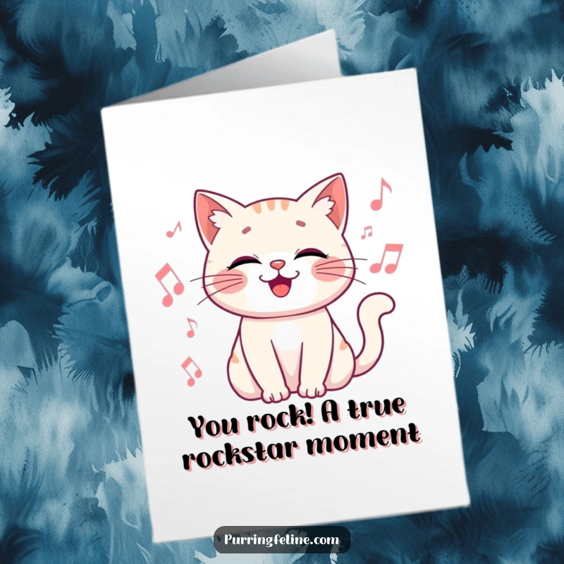 Funny Free Printable Congratulations Card: a happy cat vibrates with musical notes, celebrating a successful achievement.