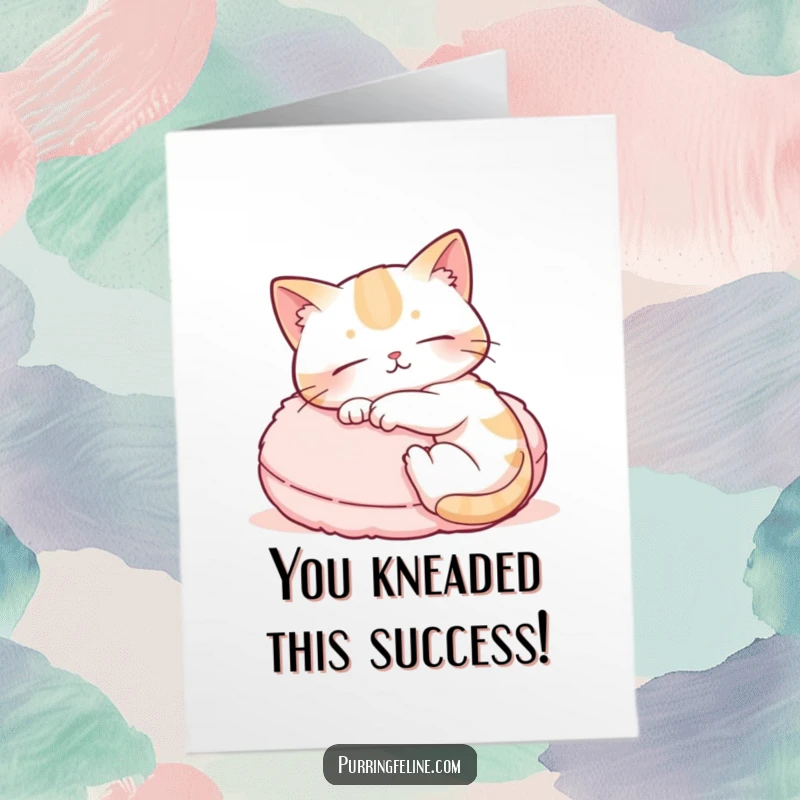 Funny Free Printable Congratulations Card with a relaxed cat contentedly kneading a fluffy cushion, symbolizing comfort and success.