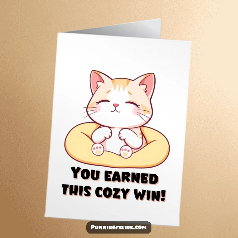 Funny Free Printable Congratulations Card: A serene cat nestled contentedly in a warm lap, purring softly with happiness.