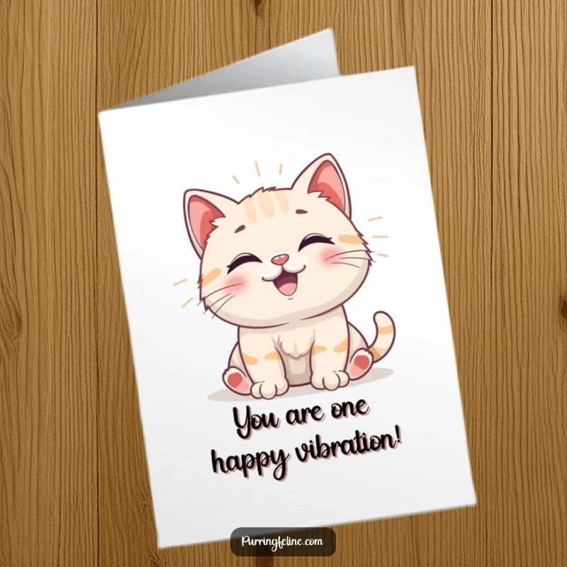 Funny Free Printable Congrats Card: Happy cat cub emitting gentle, happy vibrations. A celebratory downloadable gift.