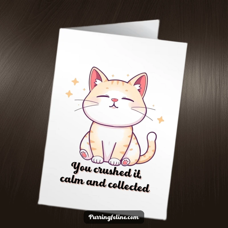 Free Printable Congratulations Card: Peaceful cat emitting soft sound waves, conveying calm and congratulations.