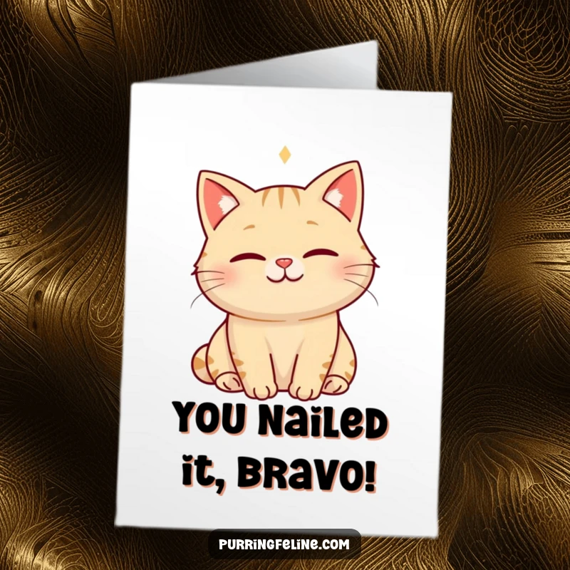 Funny Free Printable Congrats Card: A serene smiling cat emitting a visible hum of happiness, celebrating success with gentle joy.