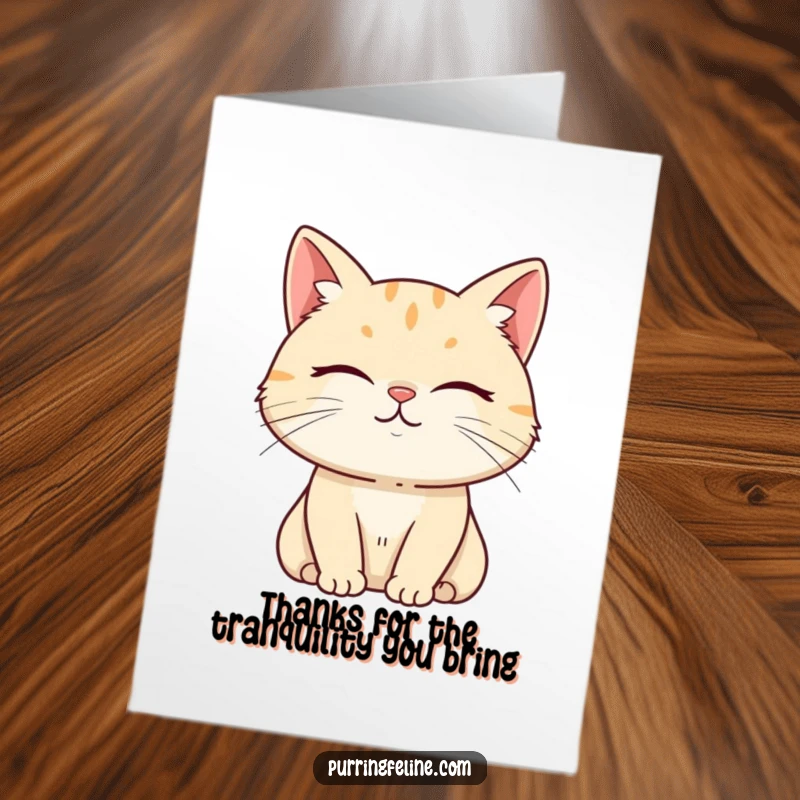 Free Printable Thank You Card: Serene cat with a subtle, happy smile, emanating peace and quiet gratitude.