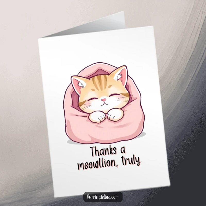 Funny Free Printable Thank You Card featuring a content cat nestled in a blanket, eyes closed, conveying peaceful appreciation.